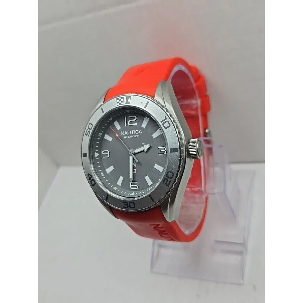 Mens Nautica N83 Finn World Watch 44mm Red Silicone Gray Quartz New Battery 50m
